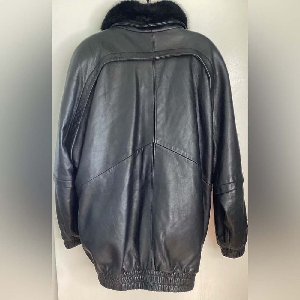 Vintage Black Genuine Leather Jacket with Genuine Opossum Fur Trim Insert L - Picture 12 of 16